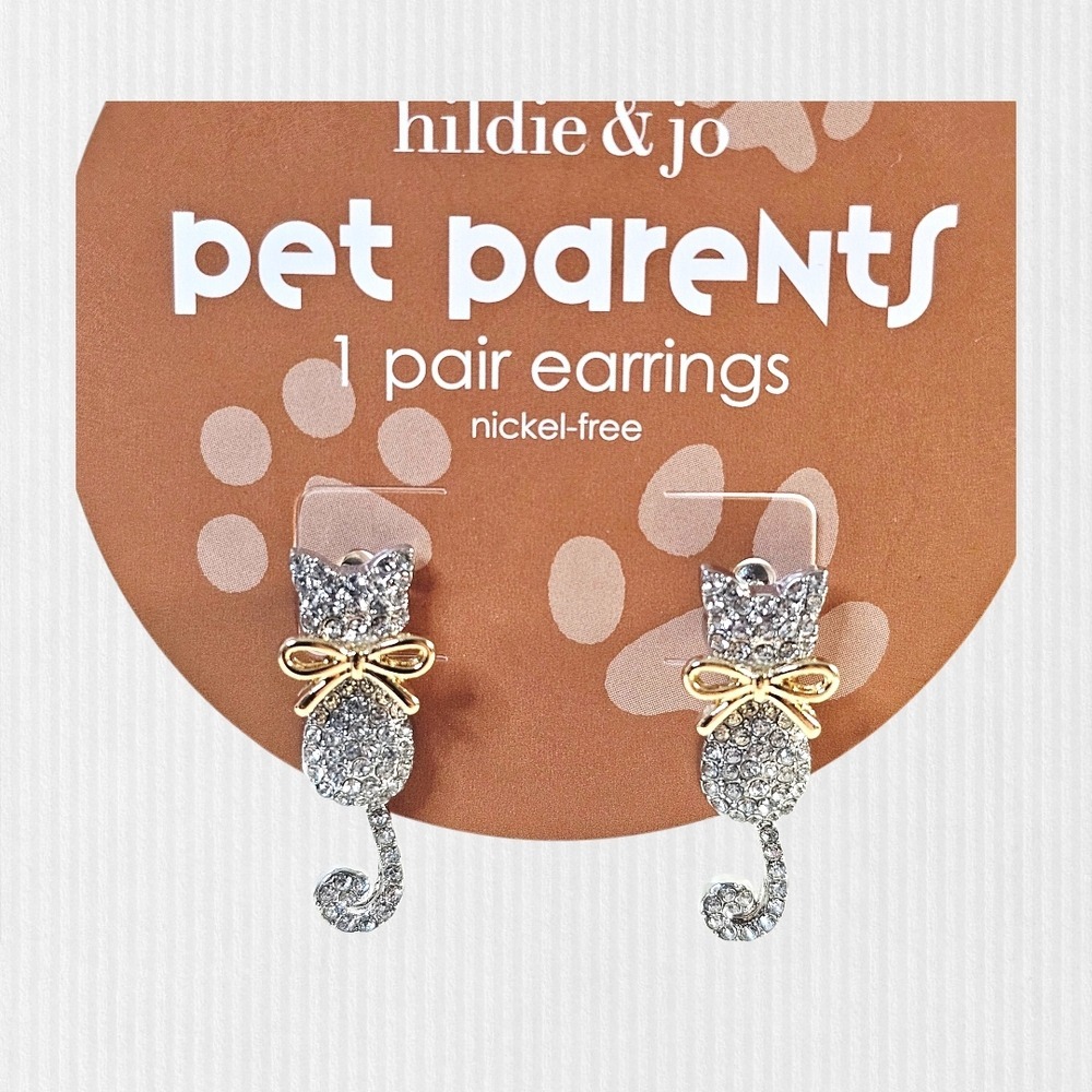 Sparkly Cat Drop Earrings whimsical Hildie & Jo Nickel‎ Free NWT